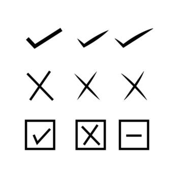 Collection of hand drawn checkmarks x marks and square symbols for approval and rejection vector