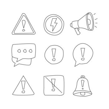 Collection of hand drawn warning and notification icons for alerts and communication vector
