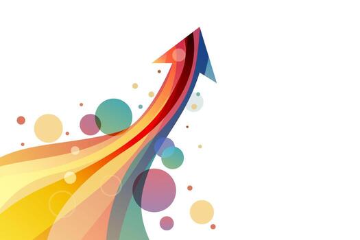 Abstract colorful arrow moving upwards with circles on white background. vibrant arrow symbolizing growth and progress. vector