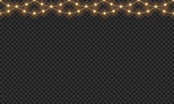 Warm glowing string lights christmas fairy lights overlay with soft warm white illumination for festive event celebration and home decoration on isolated background vector