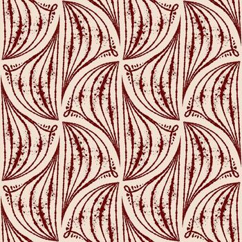 Geometric seamless pattern with ink line texture forming elegant fan shapes. Hand drawn line art with beige and dark red contrast. Ideal for wallpaper textile design and sketch style templates. vector