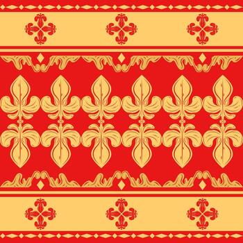 Delicate royal striped border textile pattern with golden scroll ornament and geometric detailed on red background. Wealth Rich Honor Luxury color theme victorian baroque style for embroidery tapestry vector