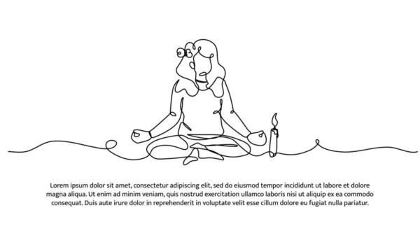One line meditating woman is sitting in the candle. Abstract minimal continuous line isolated on white background. vector