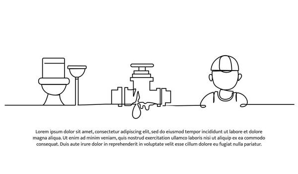Continuous line design of mechanic repairing pipes in the toilet. Single line decorative element drawn on white. vector