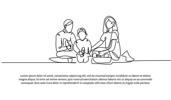 Continuous one line design of picnic with family. vector