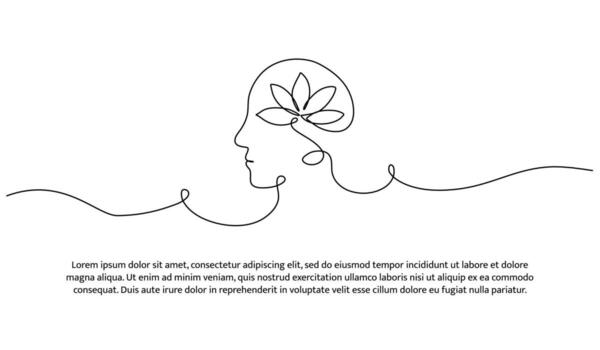 One line of human head with leaves inside. Abstract minimal continuous line isolated on white background. vector