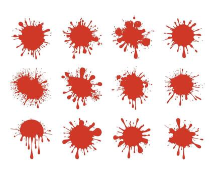 Crimson Paint Splatters Red Ink Blots Graphic Design Elements Abstract Fluid Splash Grunge Texture Isolated on White Canvas vector