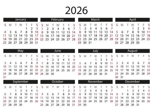 2026 Full-Year Calendar With Highlighted Weekends and Bold Month Headers. vector