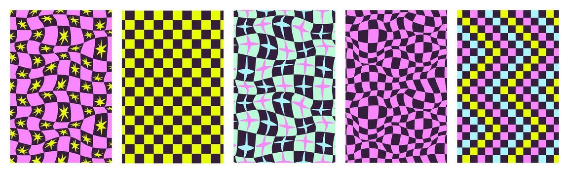 A set of Y2K psychedelic acid backgrounds with stars. Surreal geometric shapes, abstract checkered patterns. backgrounds in the trendy style of 90s. vector