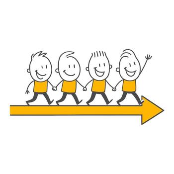 Four Happy Employees Holding Hands and Progressing Taking Determined Steps Towards Common Goals with the Spirit of Unity and Solidarity. vector