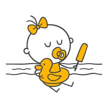 un pequeño familia miembro disfrutando un verano día en el agua con un amarillo Pato flotador y saboreando hielo crema. vector