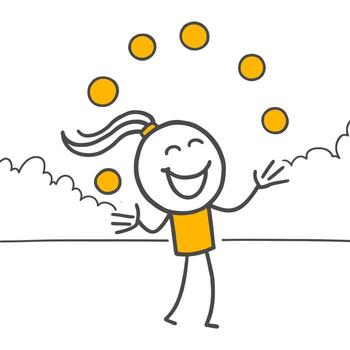 el alegría de acuerdo múltiple pelotas en el aire un alegre individual disfrutando superar desafiante tareas. vector