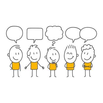 Group of employees gathered in a meeting setting conducting an intense exchange of ideas with various speech and thought bubbles. vector