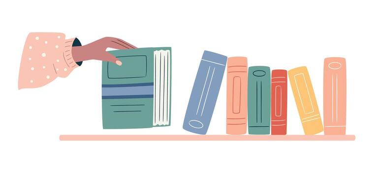 Hand placing a book on a bookshelf. Symbol of sharing, community learning, and book exchange. Clean flat composition in modern style vector