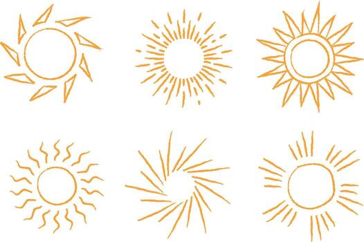 Collection of six stylized sun illustrations with warm gradient colors and abstract rays on white background vector