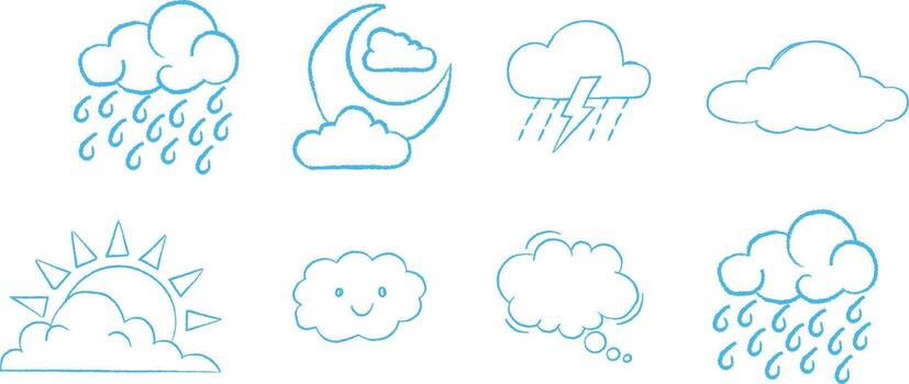 Collection of simple line art weather icons depicting rain clouds and stormy weather conditions vector