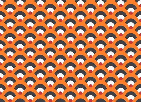 A bold geometric pattern made of repeating orange semicircles layered with black, white, and red shapes, forming a modern wave-like abstract design. vector