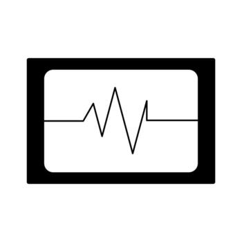 A simple black and white design showing a heart rate waveform displayed on a rectangular monitor, symbolizing health, life, and medical diagnostics. vector