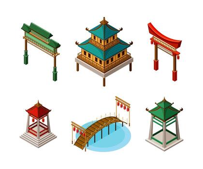 Asian Architecture with Pagoda, Bridge, Gate and Gazebo Isometric Set vector
