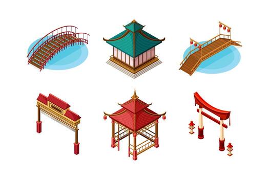 Isometric set of chinese architecture vector