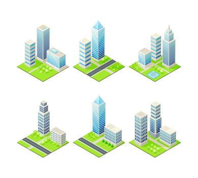 Isometric Cityscape with Tall Multistory Structure on Green Lawn Set vector