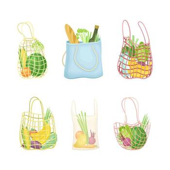 Eco Shopping with Net and Reusable Textile Bag Full of Grocery Products Set vector