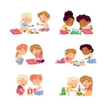 Children playing with blocks and building blocks set, kids playing with blocks and building blocks illustration vector