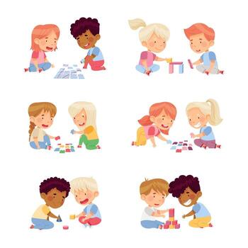 Children playing with blocks and building blocks set of cartoon characters vector