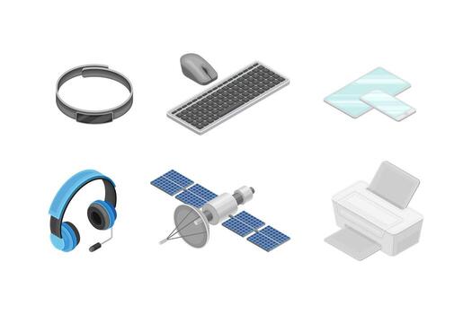 Isometric icons set of computer peripherals vector
