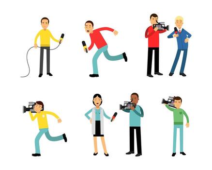 News Program Crew of Professional Cameraman and Journalist Creating TV Broadcast of Live Television Set vector