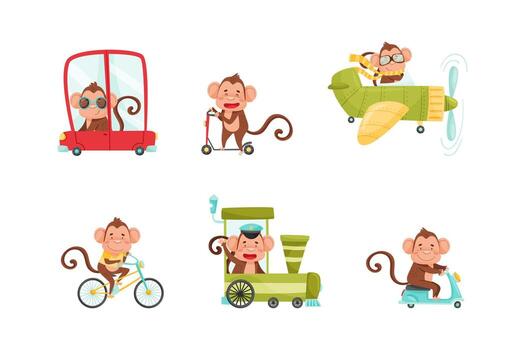 Monkey riding a bicycle, monkey in a car, monkey in a plane, monkey in a plane vector