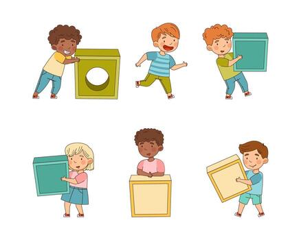 grande juguete bloques y juguetón niños que lleva ellos alrededor edificio torre y teniendo divertido conjunto vector