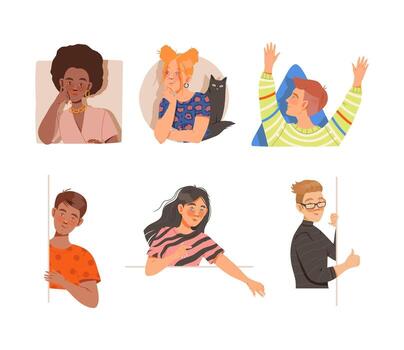 personas caracteres mirando fuera de ventana de geométrico forma conjunto vector