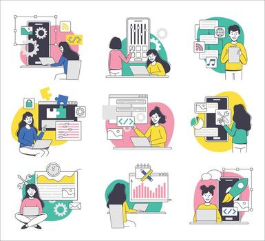 A set of icons depicting people working on computers vector