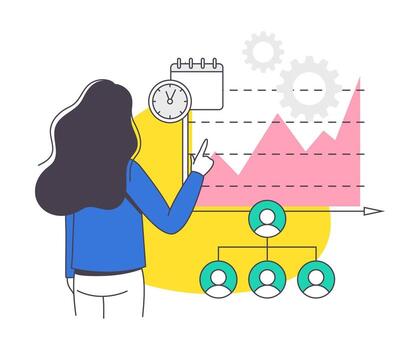 A woman is pointing at a chart with a clock on it vector