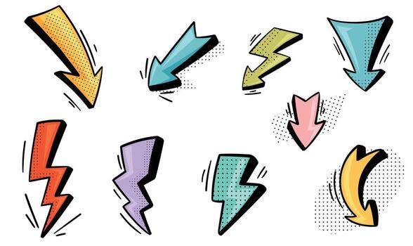 Arrow and Lightning Flash with Pointed End Doodle Style Element Set vector