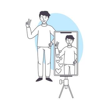 Man Blogger Character with Smartphone on Tripod Showing V Sign Illustration vector