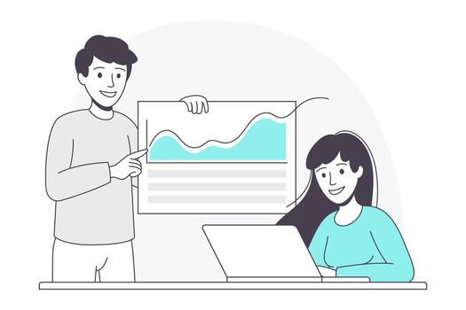 hombre y mujer negocio personaje a escritorio con ordenador portátil y gráfico trabajando con datos ilustración vector