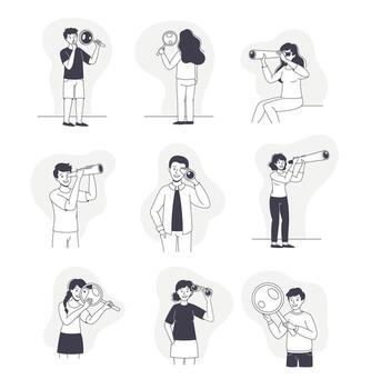 People Character with Telescope and Magnifying Glass Looking in Future Set vector