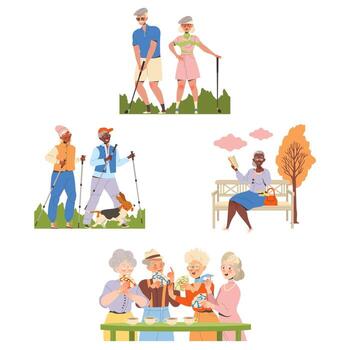 Pensioner Characters Engaged in Different Hobby Activity on Retirement Set vector