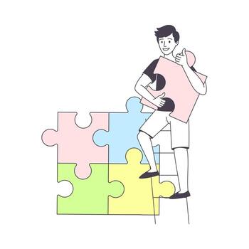 A man is standing on a ladder with a puzzle piece vector