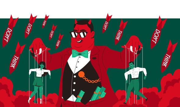 Manipulation of People with Fat Red Man Puppeteer Pulling Strings of Zombified Marionette Illustration vector