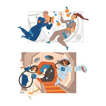 Man and Woman Astronaut Character in Outer Space in Spacesuit Flying on Space Shuttle Set vector