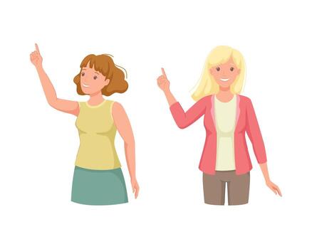 Woman Character Indicating Something Pointing with Index Finger as Hand Gesture Specifying Direction Set vector