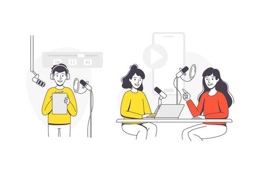 A cartoon illustration of people sitting at a table with laptops vector