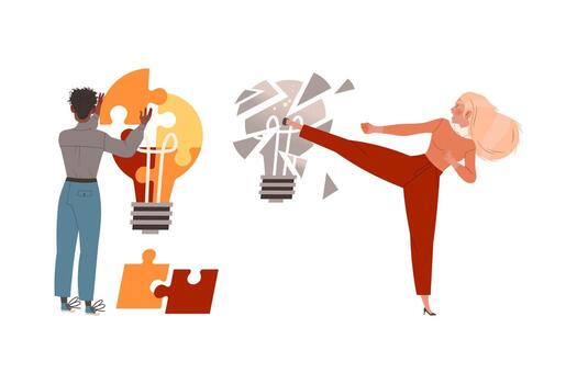 Man and Woman with Light Bulb as Smart Idea and Solution Set vector