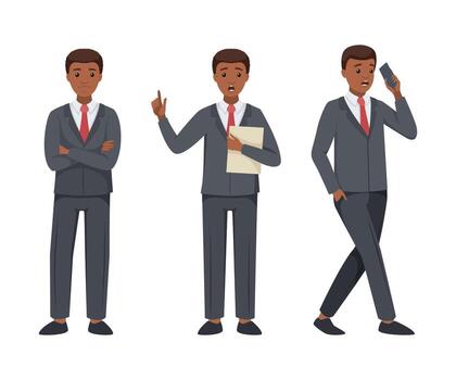 Office African American Man Character in Suit and Red Tie in Different Pose and Hand Gesture Set vector