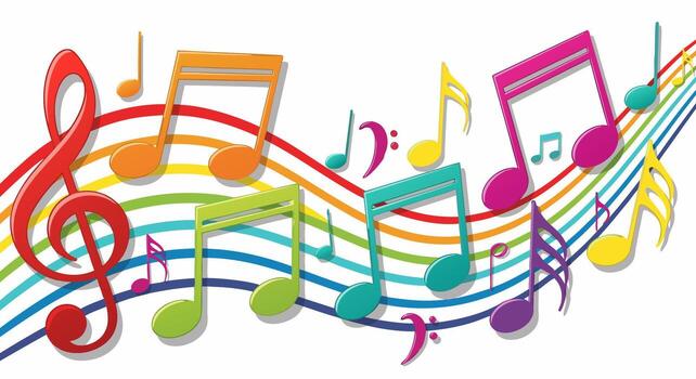 Lively and Bright Digital Graphic Featuring an Array of Multicolored Musical Notes Gracefully Arranged on a Wavy Rainbow Staff, Symbolizing Harmony, Melody, and Artistic Expression in a Art Style vector