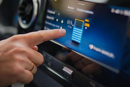 A person touching a screen in a car photo