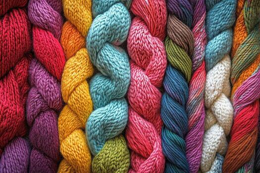 full-frame close-up of braided yarn hanks in a spectrum of colors photo